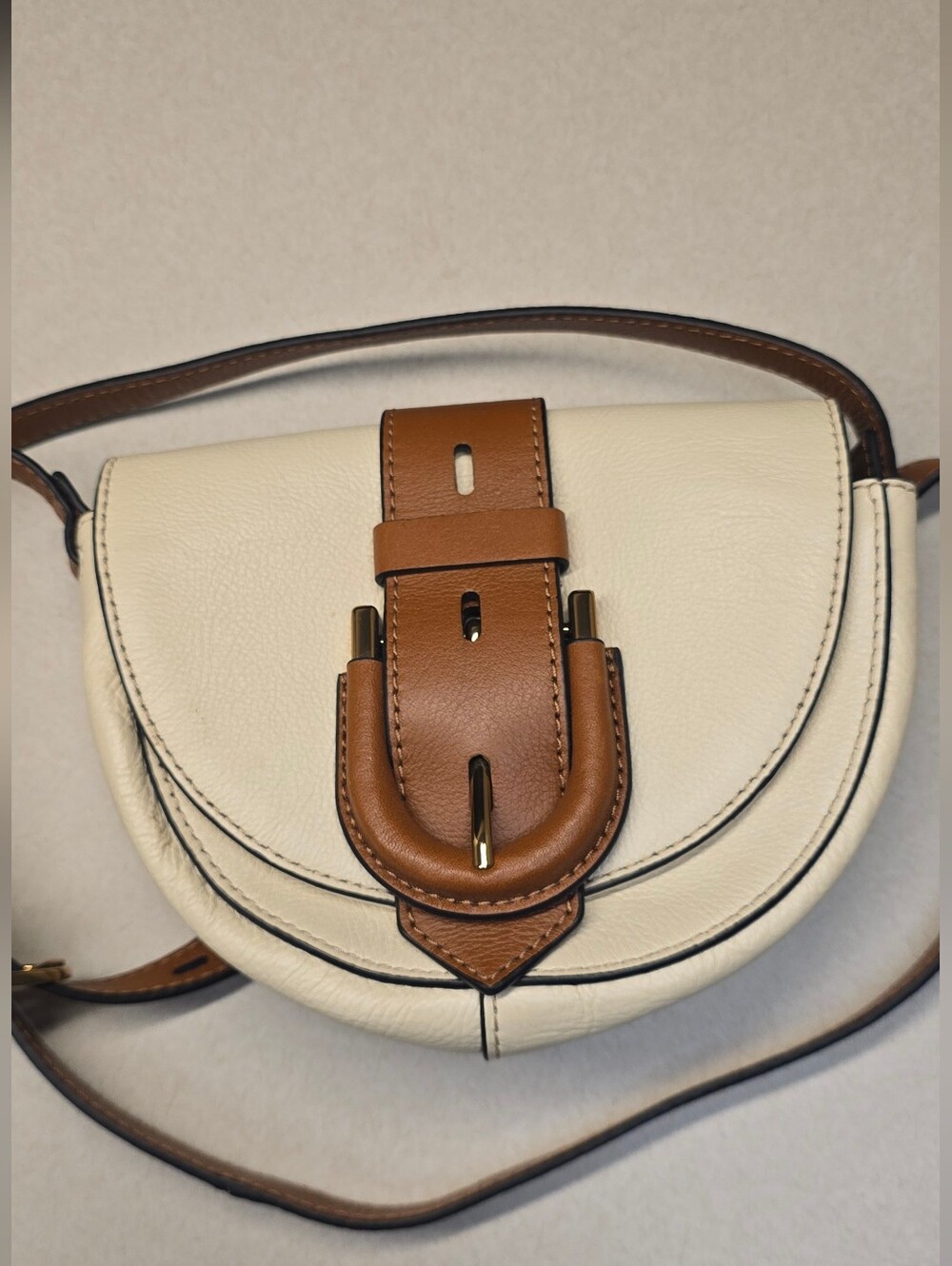 Fossil Bone Cream Leather Harwell Mini Flap Crossbody Bag Saddle Equestrian